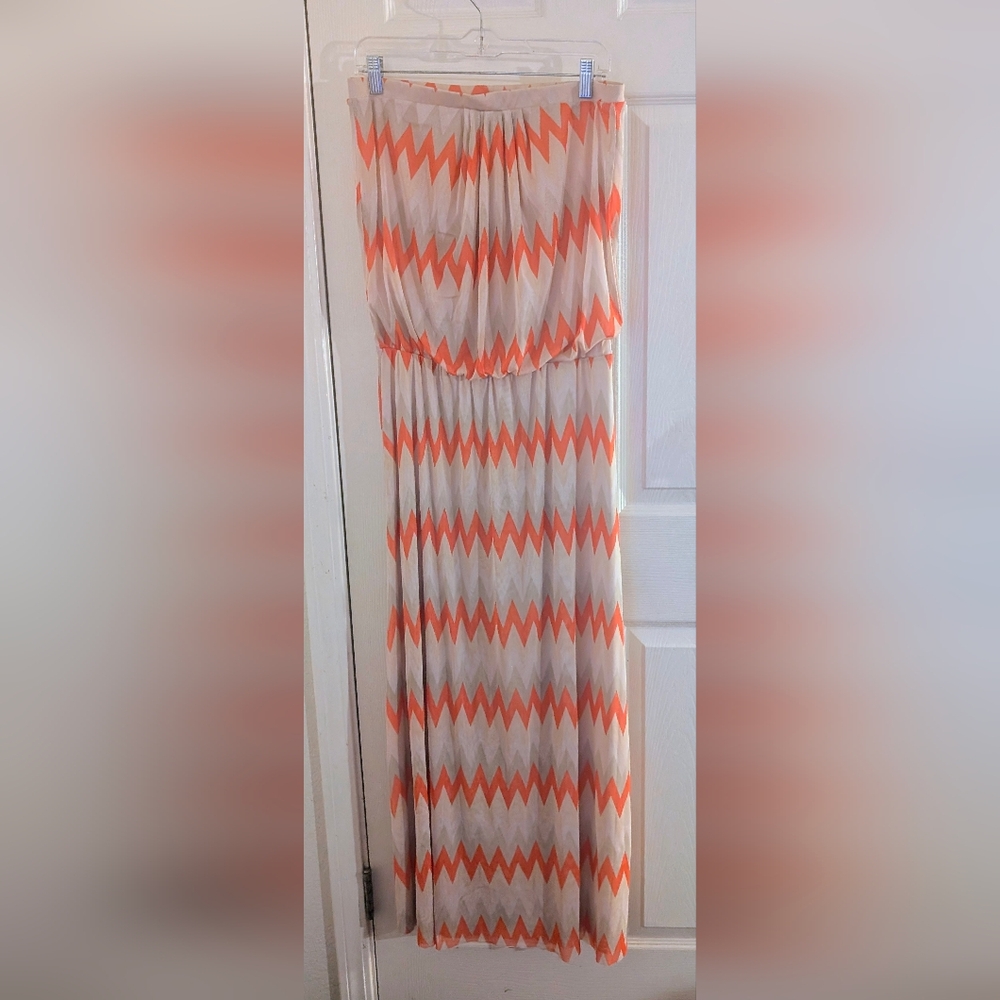 Cynthia Rowley Strapless Orange/Cream Zig Zag Print Maxi Dress